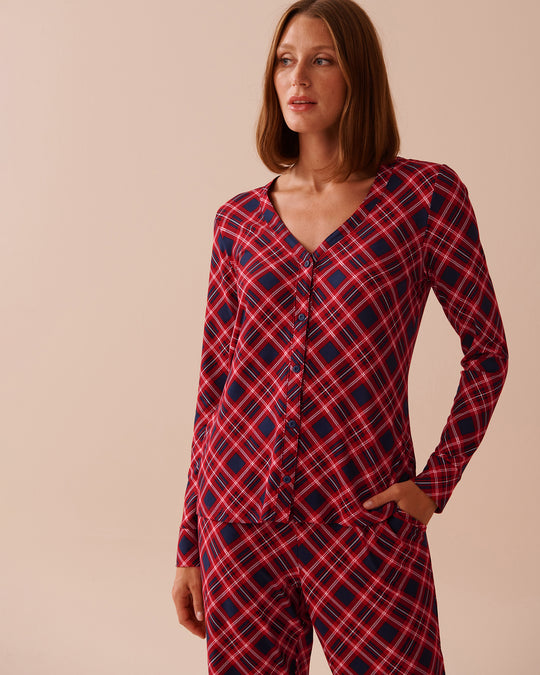 Diagonal Plaid Super Soft V-neck Button-front Top | La Vie en Rose KSA