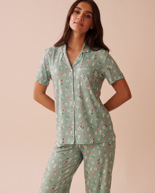 Rabbit & Strawberry Print Super Soft Button-down Shirt| La Vie En Rose KSA