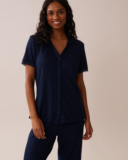 Lace Trim Ribbed Jersey Button-down Shirt| La Vie En Rose KSA