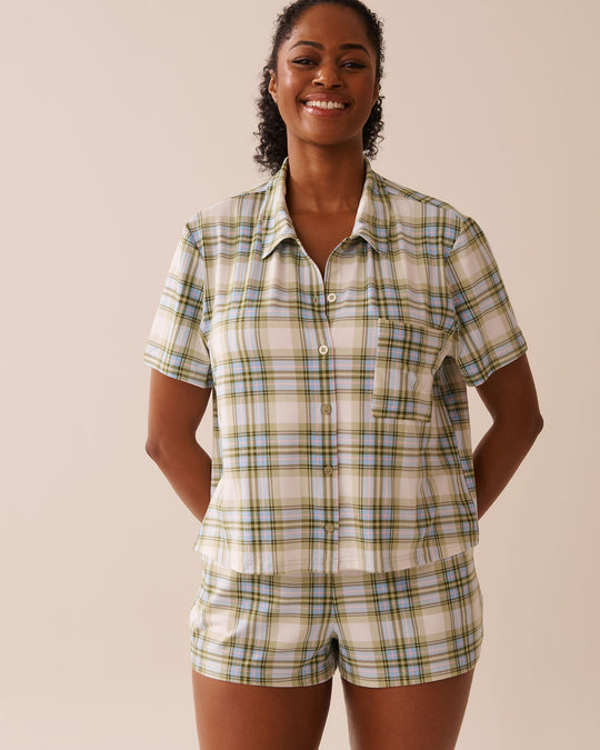 قميص بأزرار ناعم جدًا بنقشة كارو أخضر وأزرق