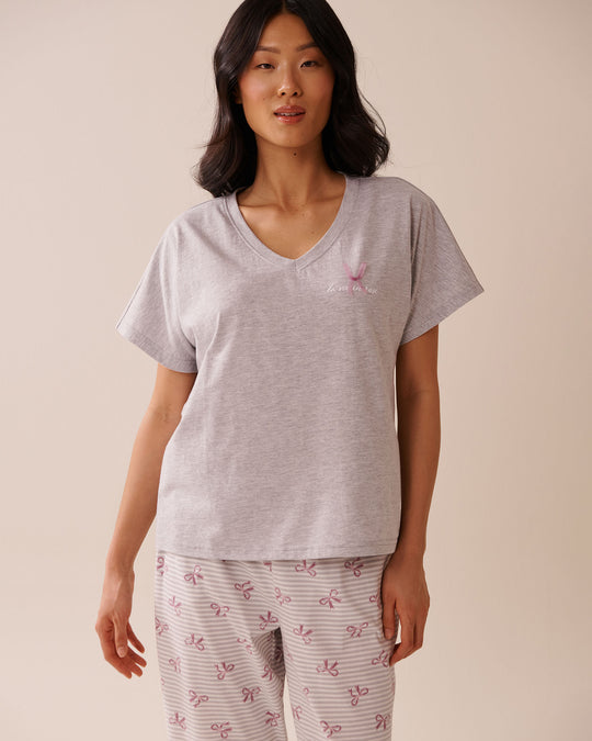 Bow Print Cotton V-neck T-shirt
