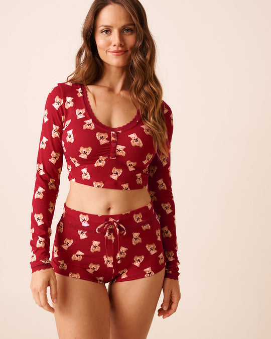 Teddy Bear Print Super Soft Long Sleeve Crop Top