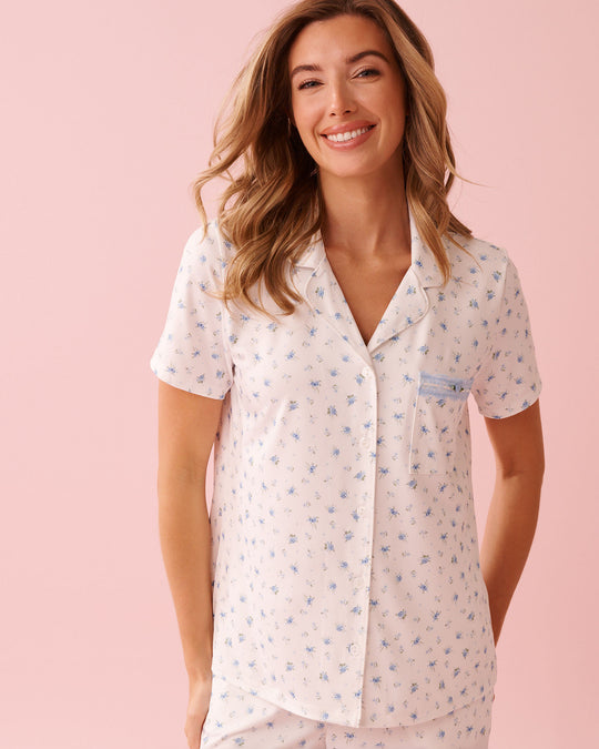 Blue Rose Print Super Soft Button-down Shirt