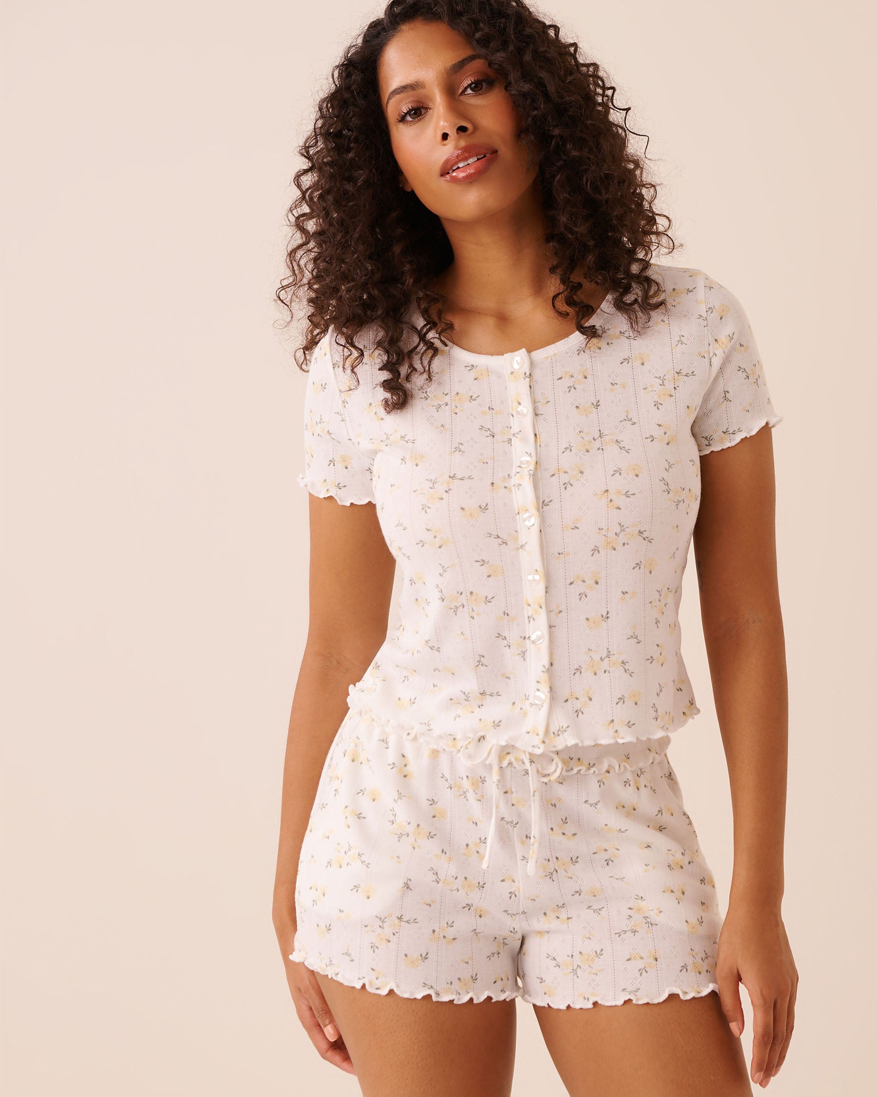 Floral Print Ruffle Hem Pointelle T-shirt | La Vie en Rose KSA