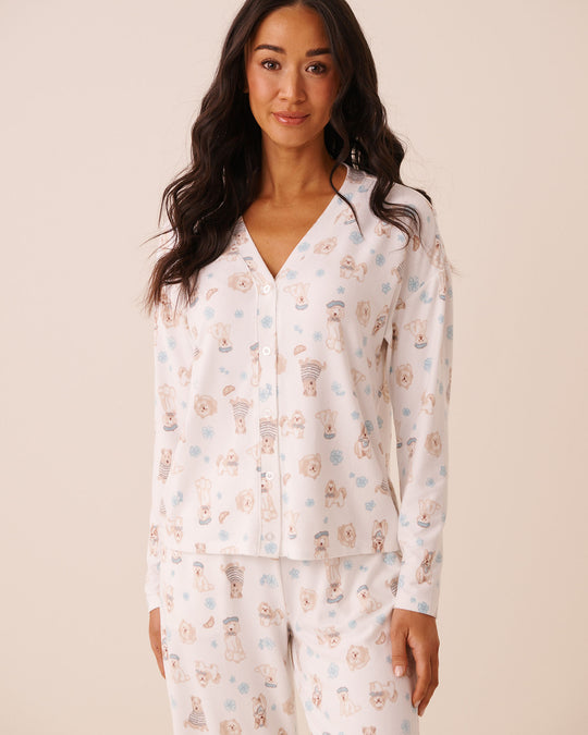 Dog Print Soft Knit Long Sleeve Button-down Top