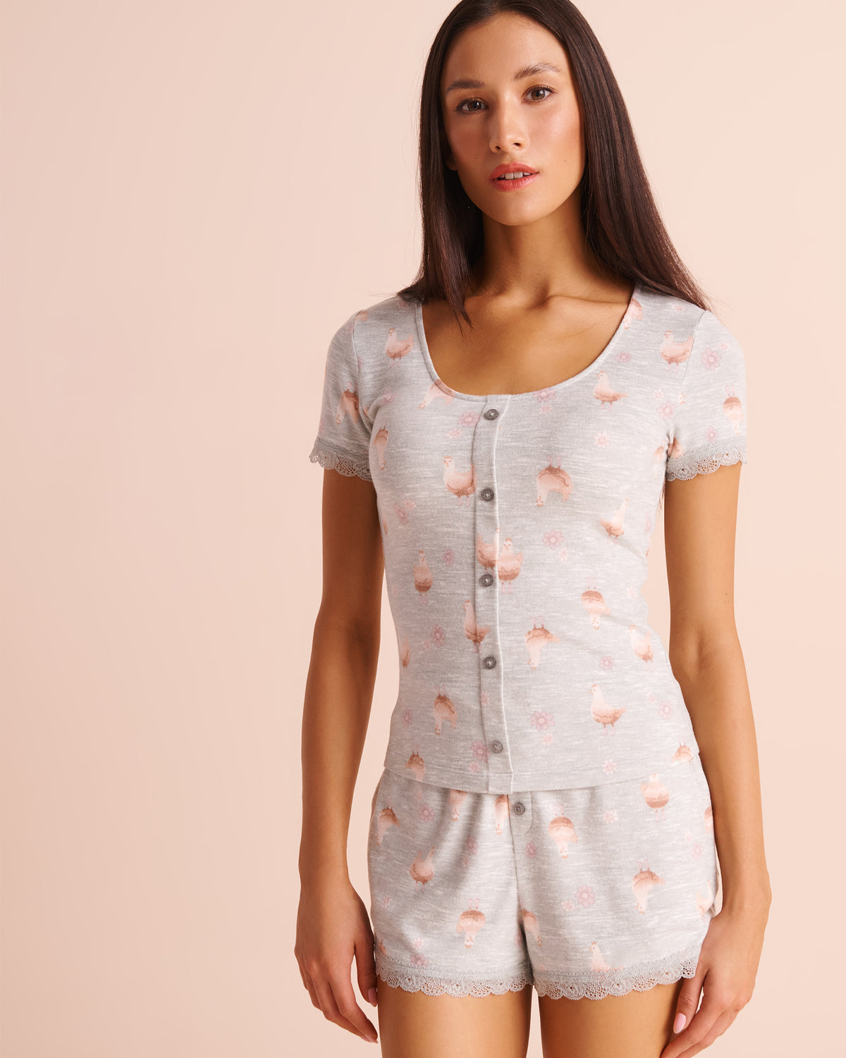 Chicken Print Lace-Trim Soft Knit Short Sleeve T-shirt | La Vie en Rose KSA