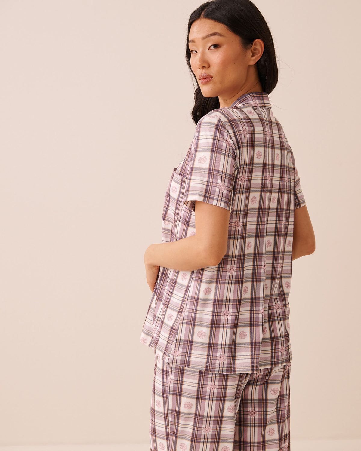 Floral Plaid Print Super Soft Short Sleeve Button-down Shirt AW26