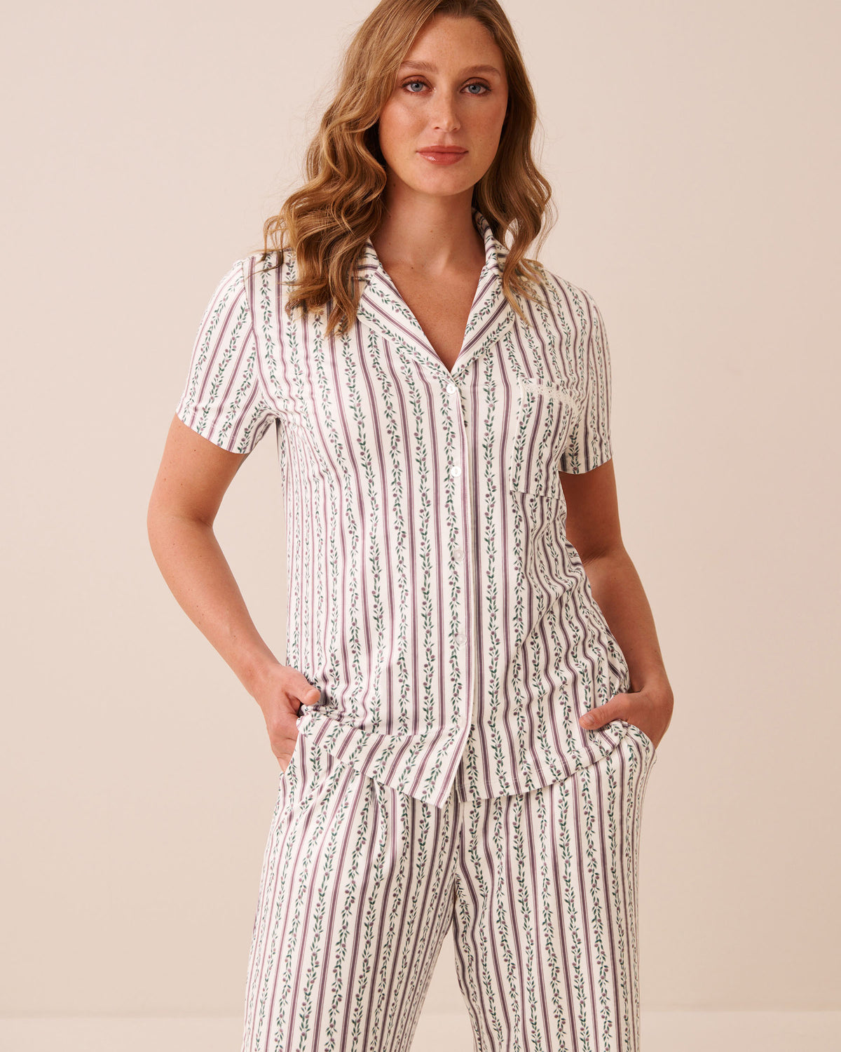 Floral Stripe Print Super Soft Short Sleeve Button-down Shirt | La Vie en Rose KSA