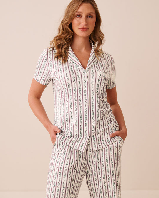 Floral Stripe Print Super Soft Short Sleeve Button-down Shirt