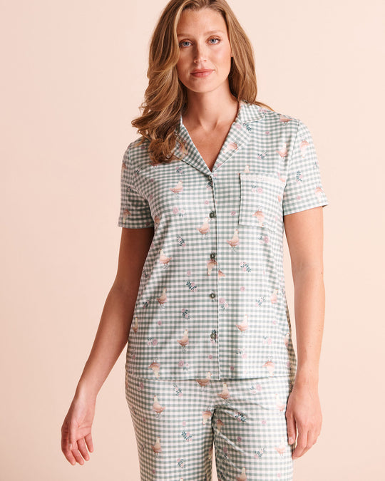 Chicken Gingham Print Super Soft Short Sleeve Button-down Shirt
