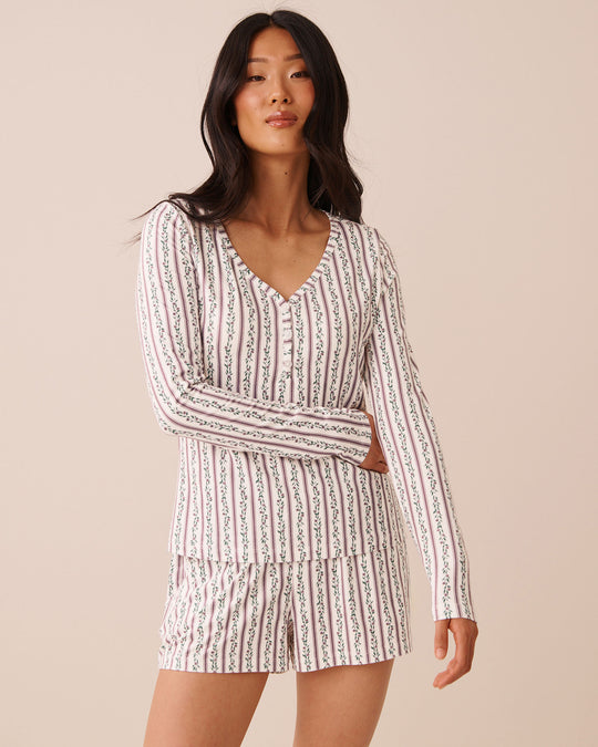 Floral Stripe Print Super Soft Long Sleeve Henley Shirt