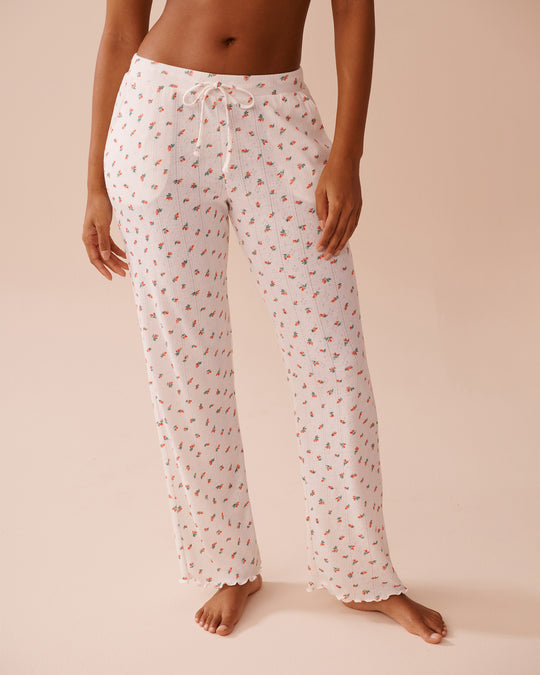 Strawberry Print Lettuce Edge Pointelle Pajama Pants| La Vie En Rose KSA