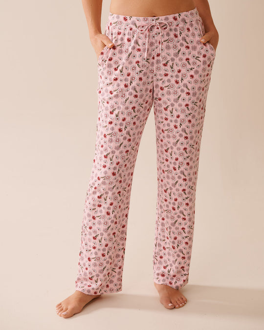 بنطال بيجاما جيرسي مضلع بطبعة زهور وردية