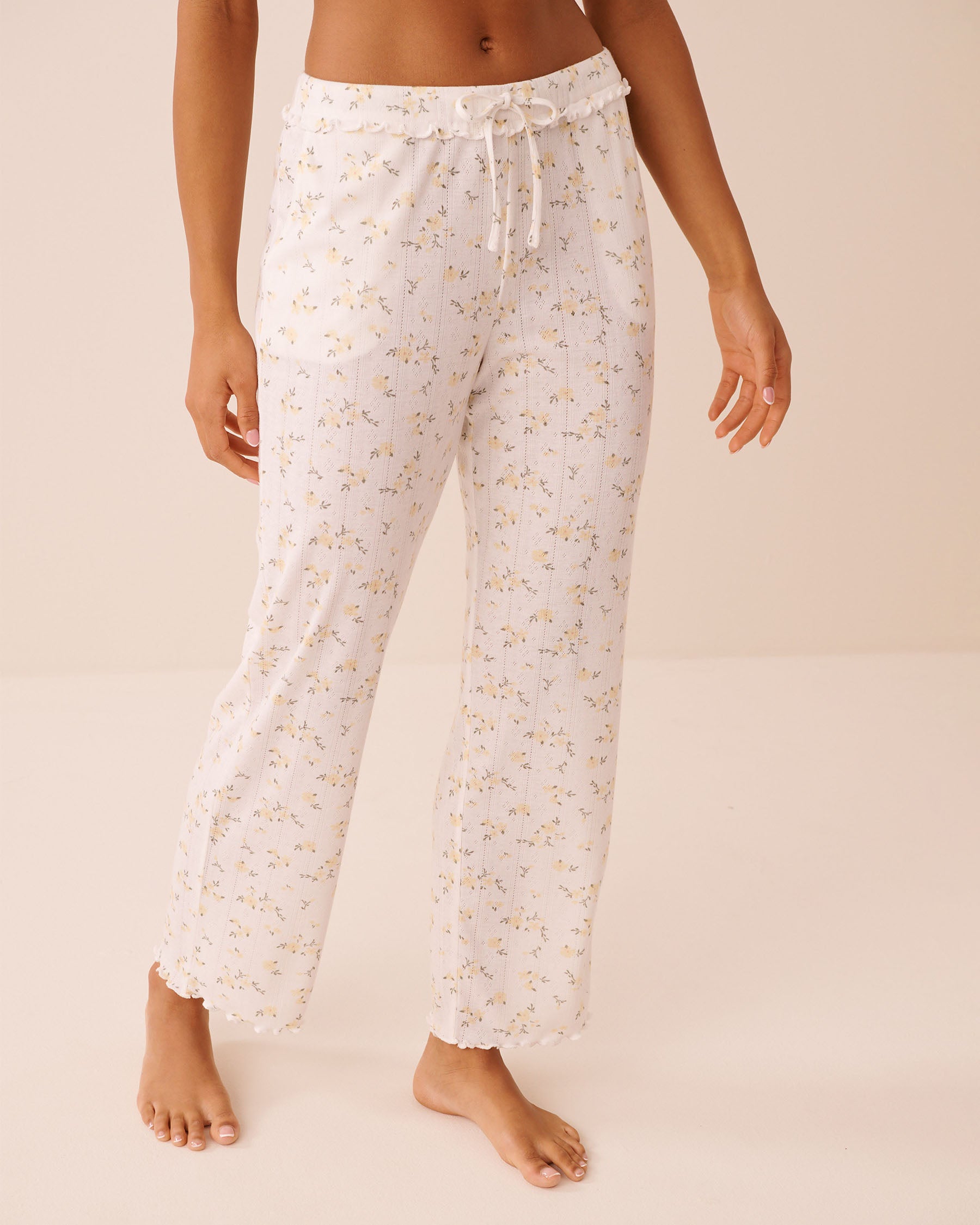 Floral Print Ruffle Hem Pointelle Pajama Pants | La Vie en Rose KSA