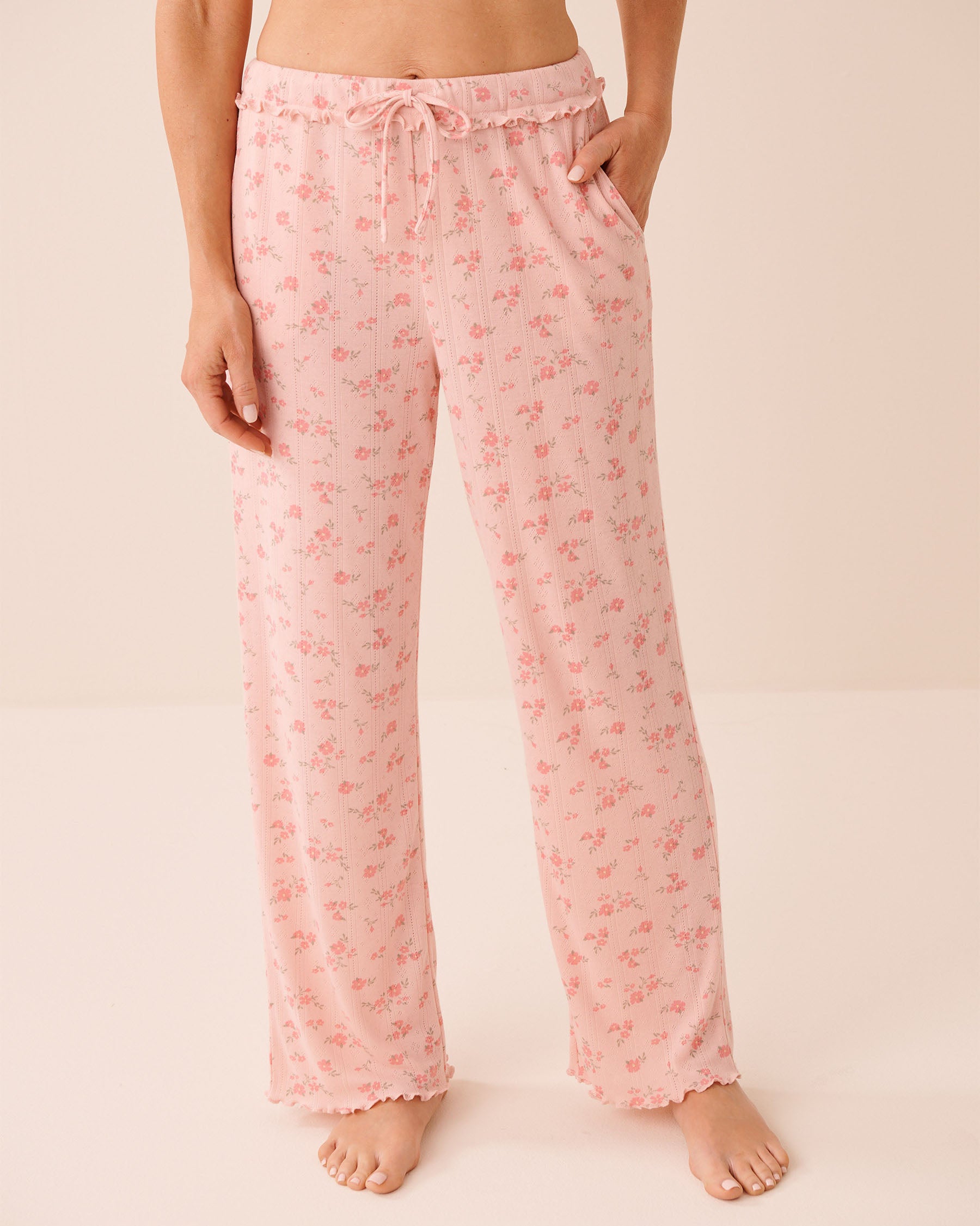 Floral Print Ruffle Hem Pointelle Pajama Pants | La Vie en Rose KSA