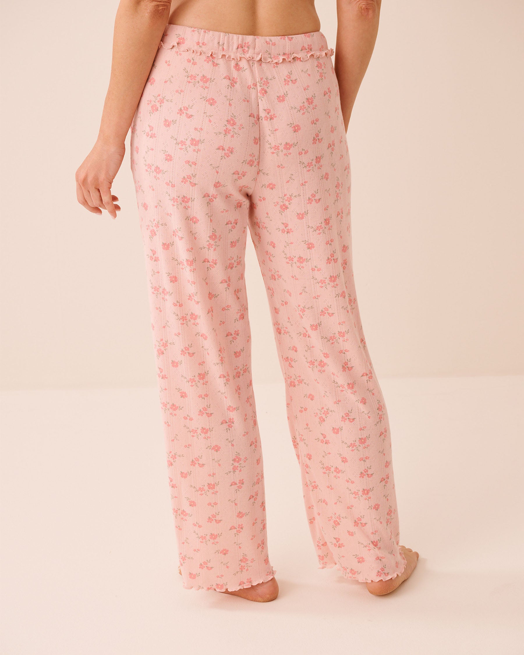 Floral Print Ruffle Hem Pointelle Pajama Pants la Vie en Rose