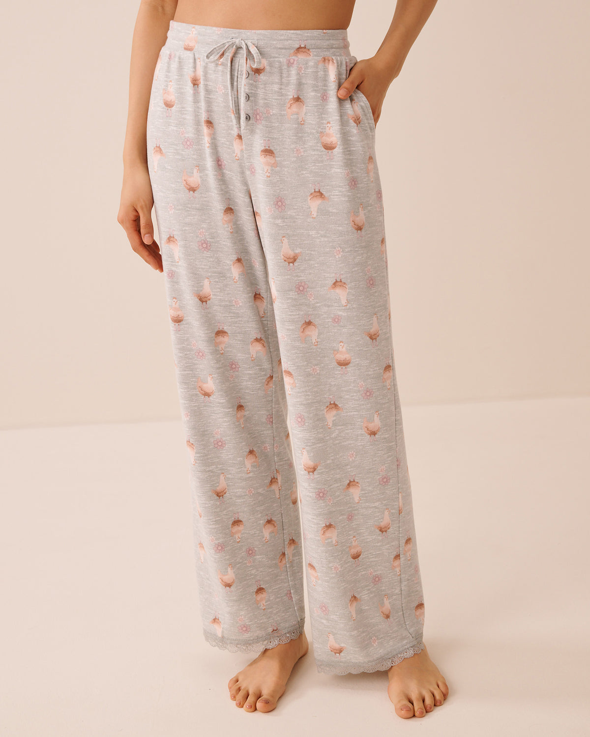 Chicken Print Lace-Trim Soft Knit Pajama Pants | La Vie en Rose KSA