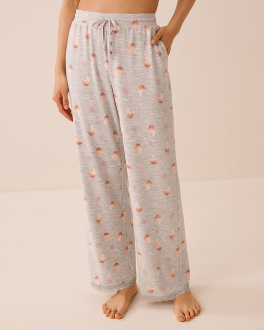 Chicken Print Lace-Trim Soft Knit Pajama Pants
