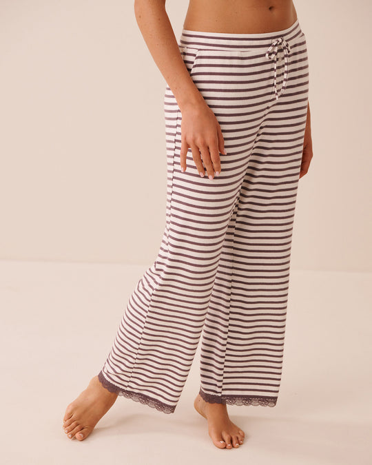 Striped Lace-Trim Soft Knit Pajama Pants