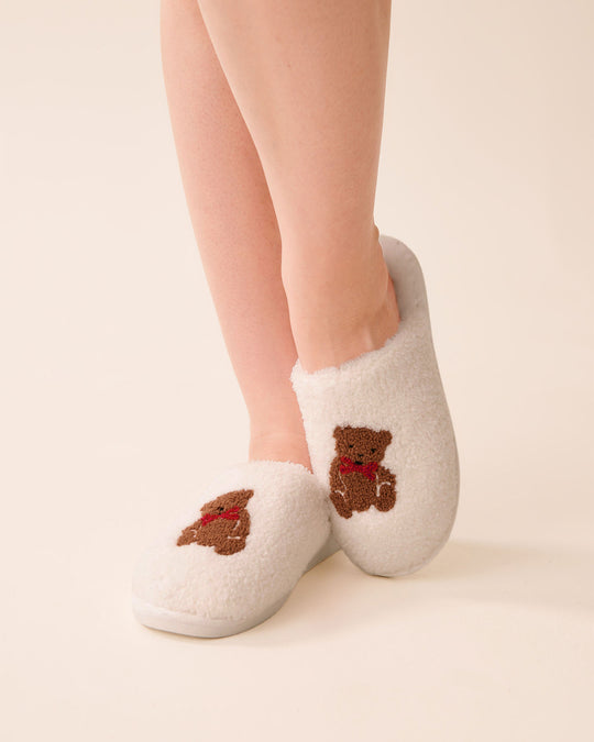 Teddy Bear Embroidered Curly Fur Slippers