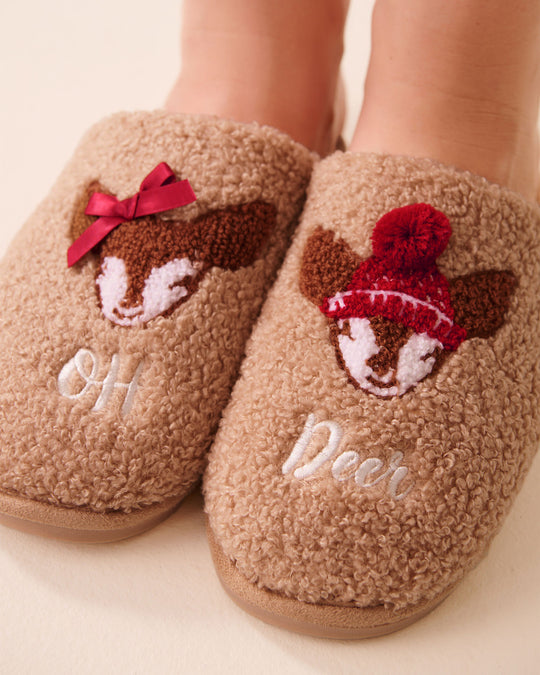 Deer Embroidered Curly Fur Slippers