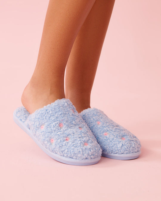 Rose Embroidered Curly Fur Slippers