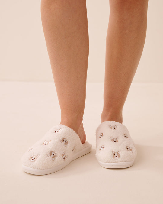 Dog Embroidered Curly Fur Slippers
