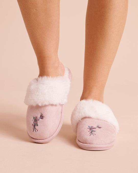 Floral Embroidered Faux Suede and Fur Slippers