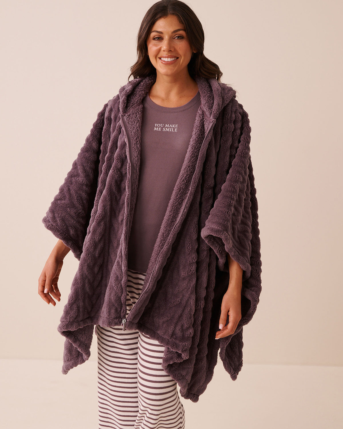 Cable Effect Soft Plush Hooded Cape | La Vie en Rose KSA