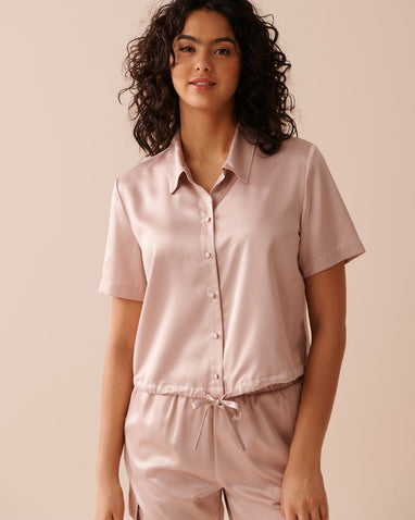 Satin button down shirt short sleeve outlet