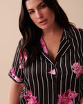 Satin Short Sleeve Button down Shirt Stripes 60100086