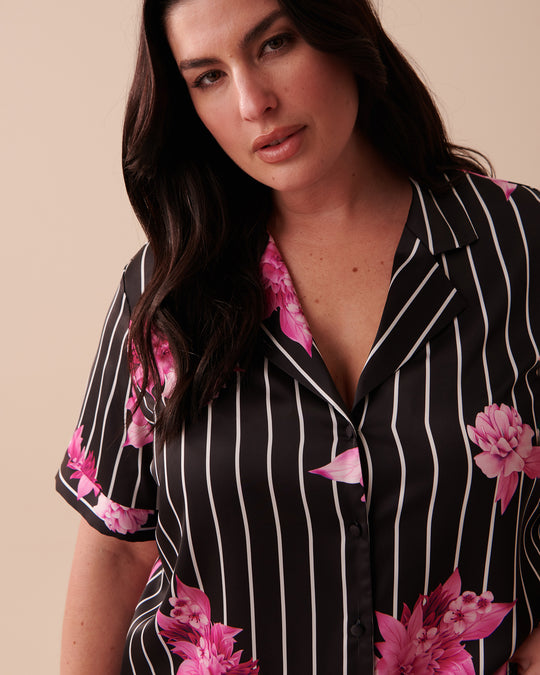 Satin Short Sleeve Button down Shirt Stripes 60100086