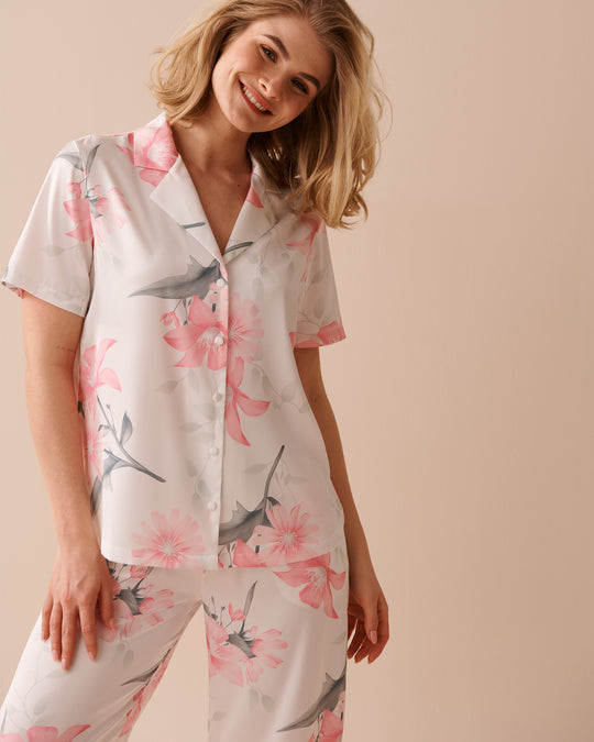 Lace Trim Satin Short Sleeve Button-down Shirt
