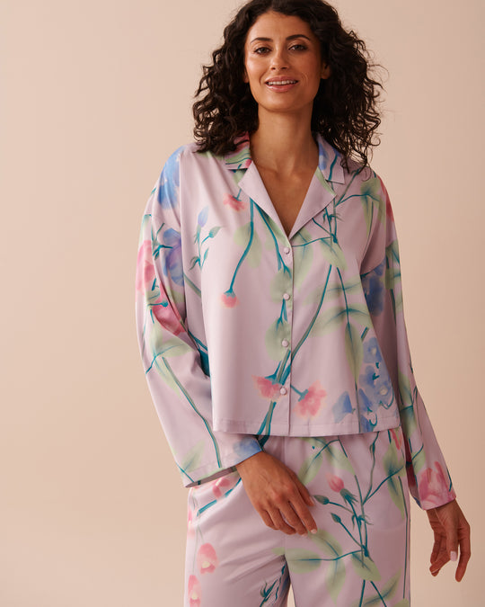 Lavender Garden Print Satin Button-down Shirt | La Vie en Rose KSA