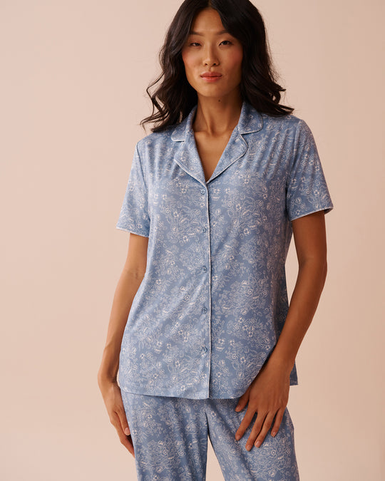 White Floral Print Recycled Fibers Button-down Shirt| La Vie En Rose KSA