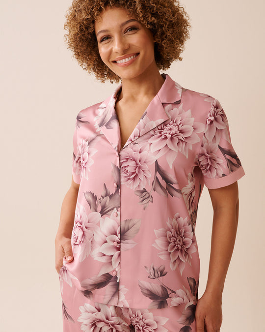 Dahlia Print Satin and Chiffon Button-down Shirt