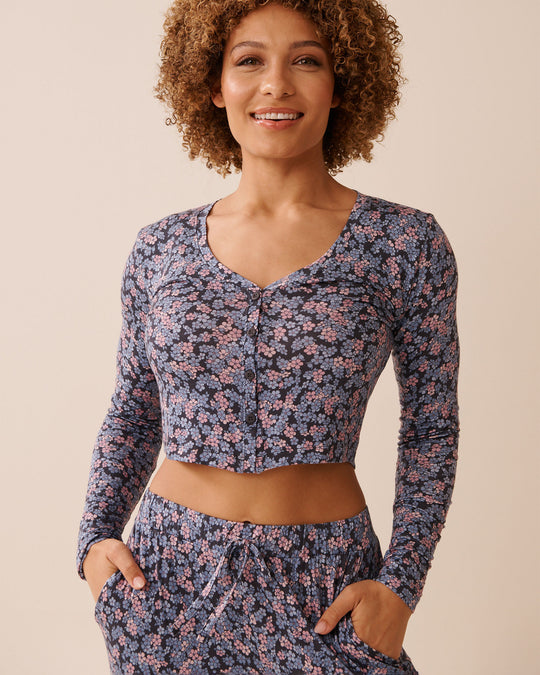 Ditsy Floral Print Soft Jersey Long Sleeve Crop Top