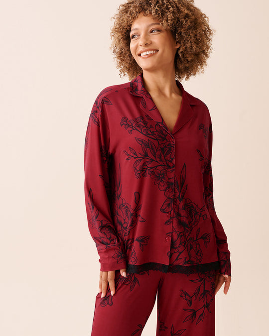 Crimson Bloom Recycled Fibers Lace Trim Button-down Shirt
