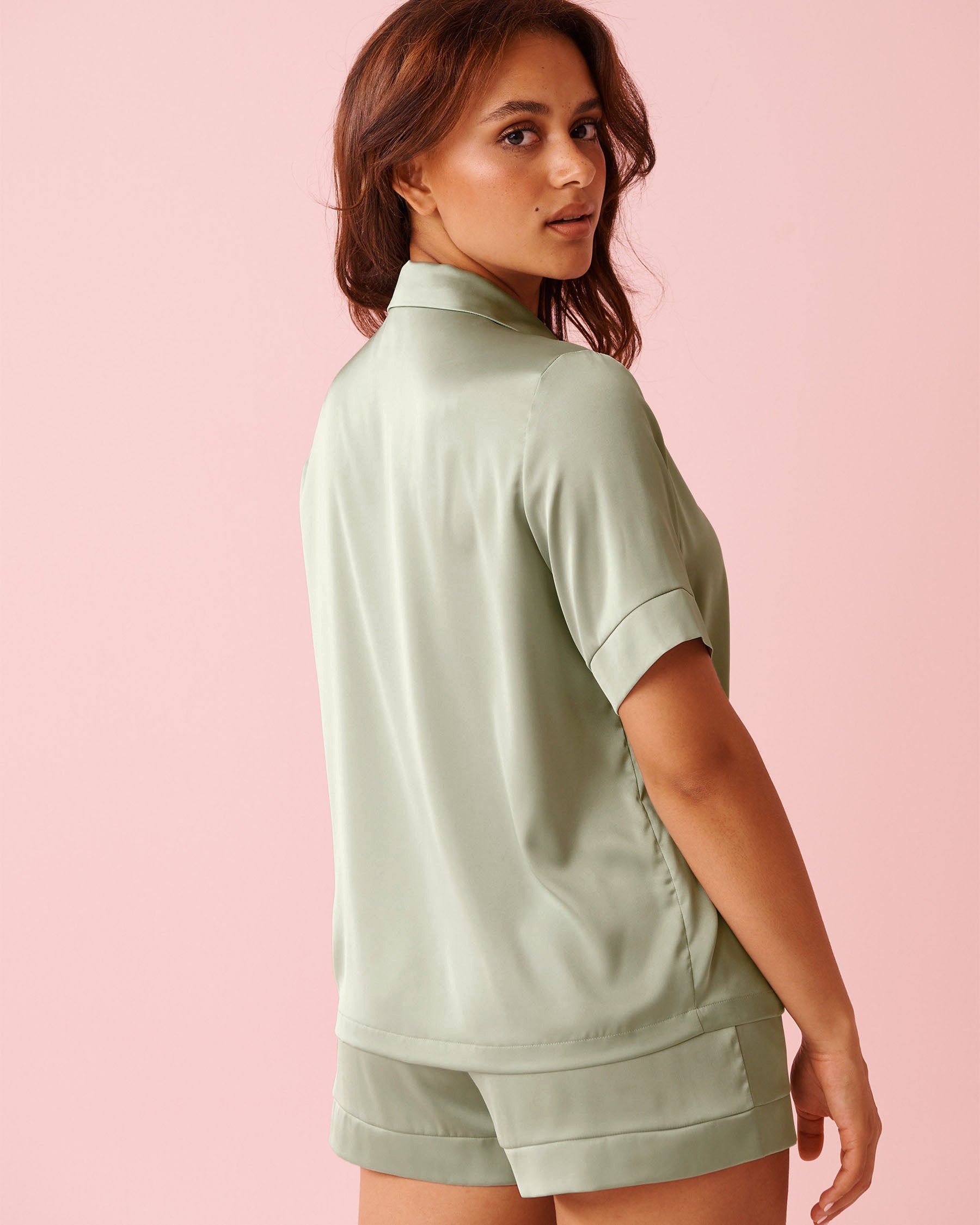 Satin Short Sleeve Button-down Shirt la Vie en Rose