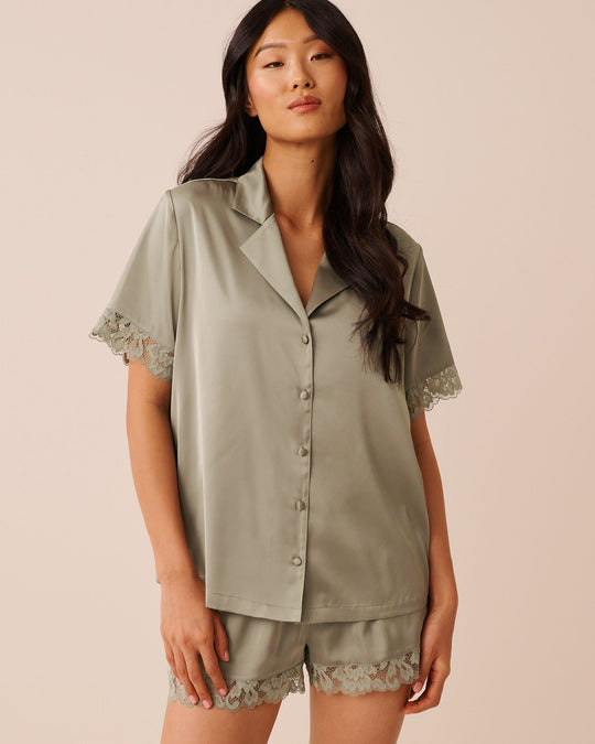 Lace Trim Satin Button-down Shirt
