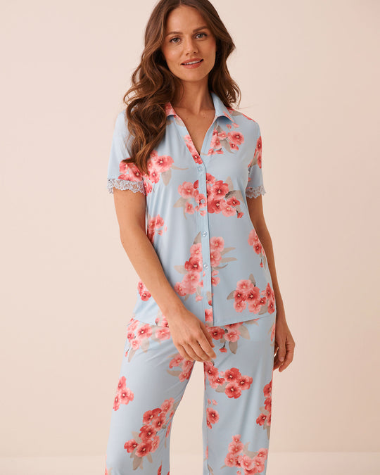 Spring Blossom Print Lace Trim Button-down Shirt