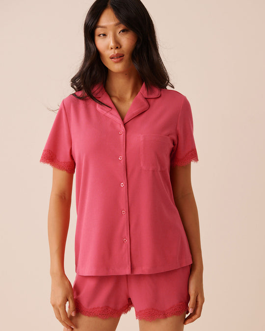 Ribbed Modal and Lace Trim Button-down Shirt