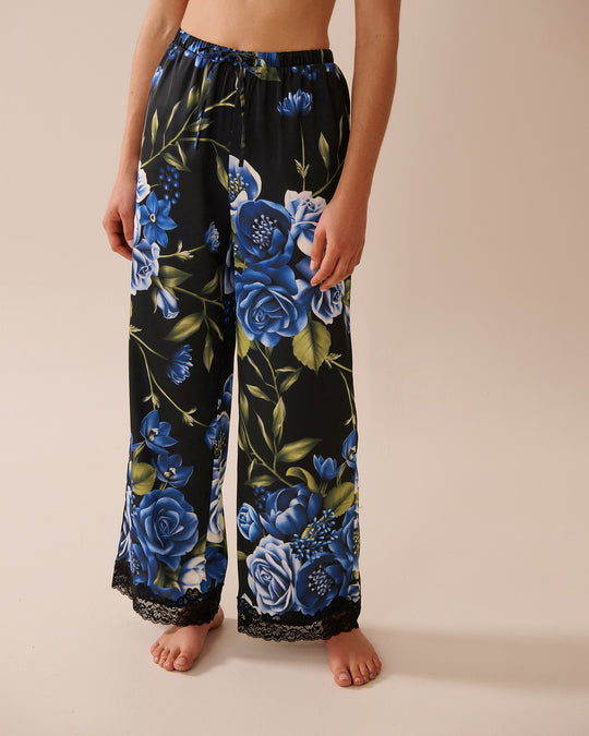 Rose Print Satin and Lace Trim Pants