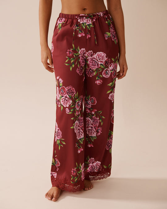 Rose Print Satin and Lace Trim Pants