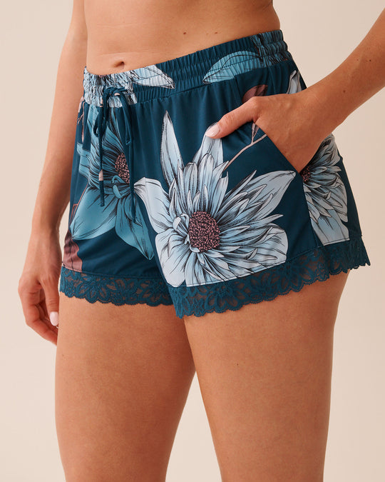 Recycled Fibers Chrysanthemum Print Lace Trim Shorts