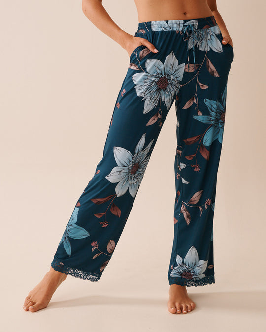 Recycled Fibers Chrysanthemum Print Lace Trim Pants