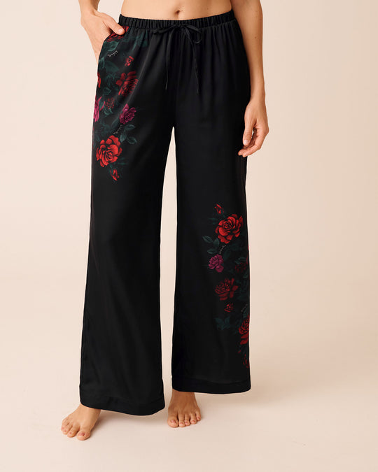Red Rose Print Satin Pants