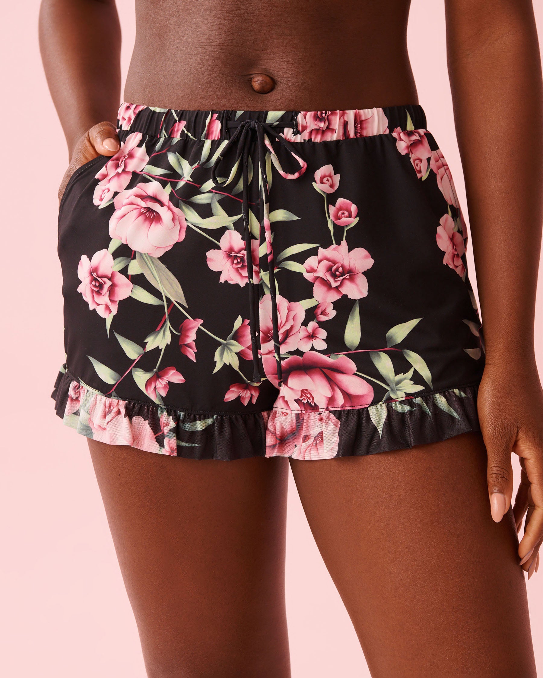 Peony Print Recycled Fibers Mesh Trim Shorts | La Vie en Rose KSA