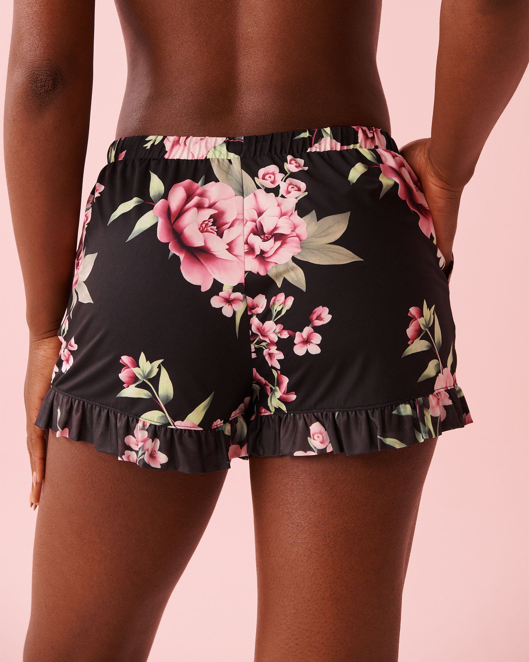 Peony Print Recycled Fibers Mesh Trim Shorts