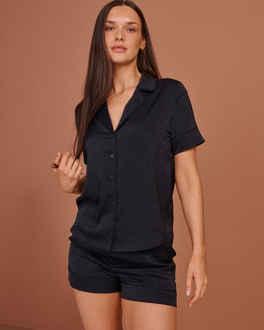 Leopard Jacquard Short Sleeve Satin Pajama Set